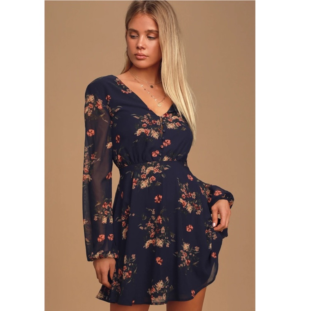 Lulu's Blue Fit and Flare Long Sleeve V-Neck Dress